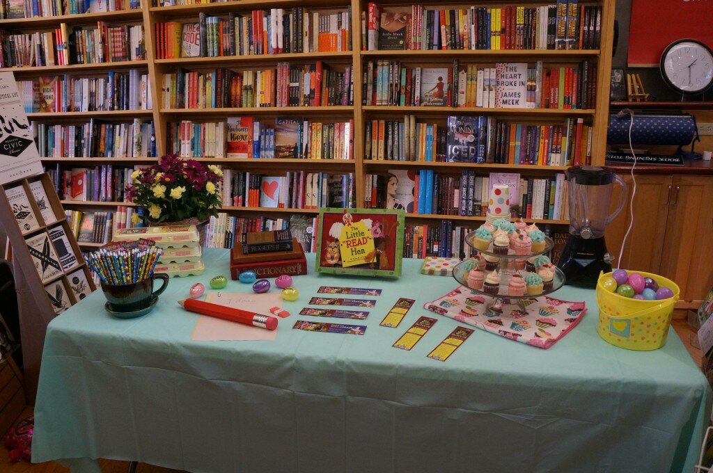The yummy table serving "coopcakes" and "flappuccinos" for The Little "Read" Hen book birthday party.